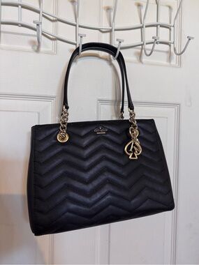 kate spade Black Quilted Chevron Shoulder Tote with Gold Accents
